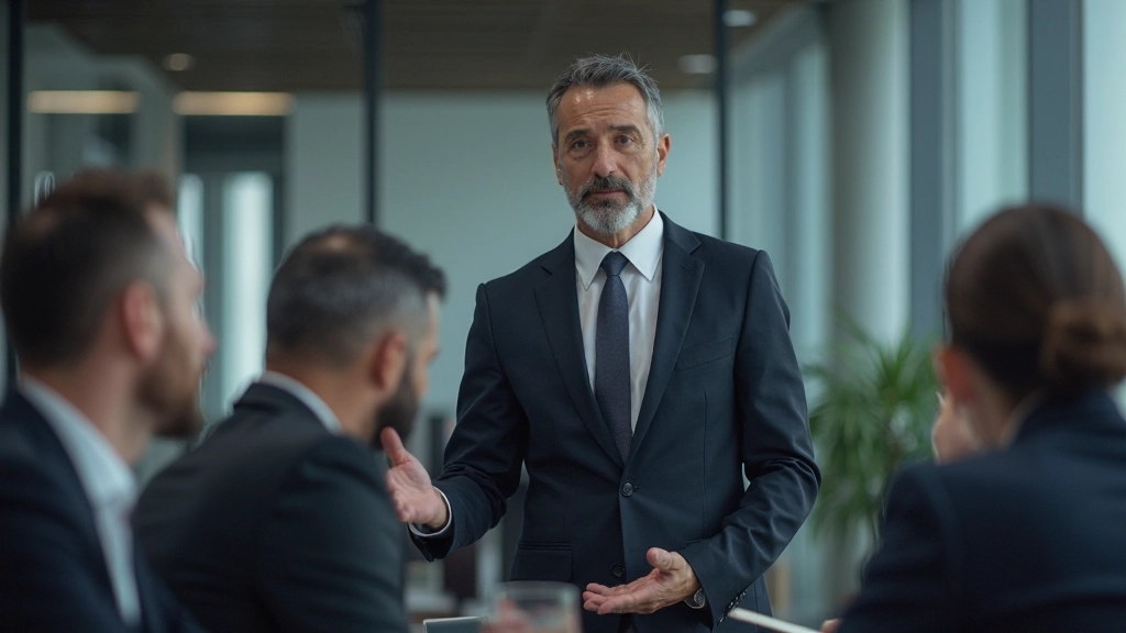 Лидер проводит встречу с командой в современном офисе